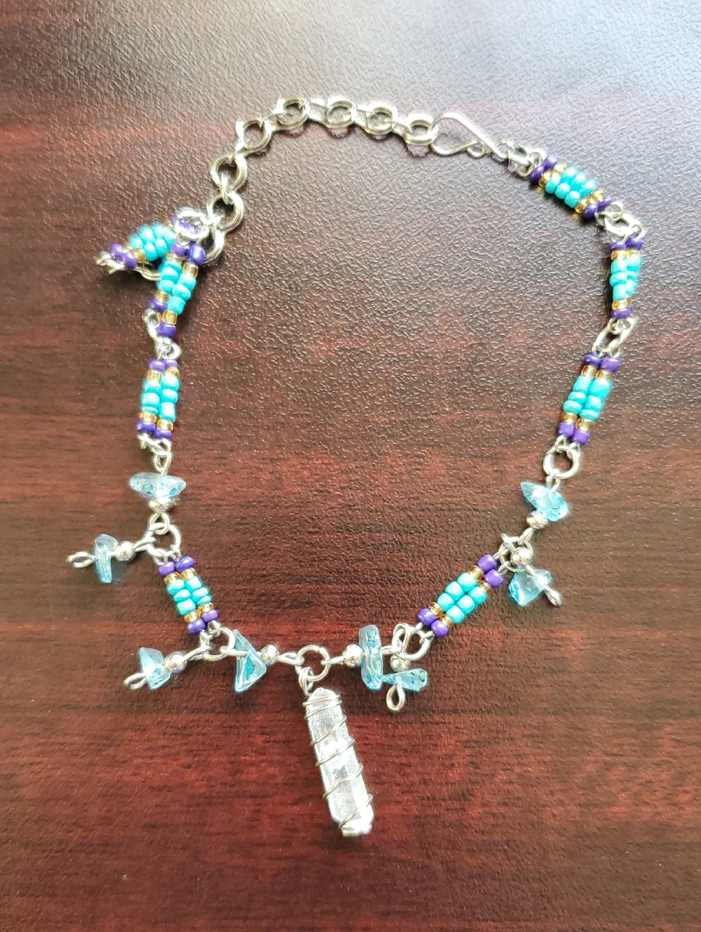 Turquoise & Purple Beaded Charm Anklet with Wrapped Crystal Pendant